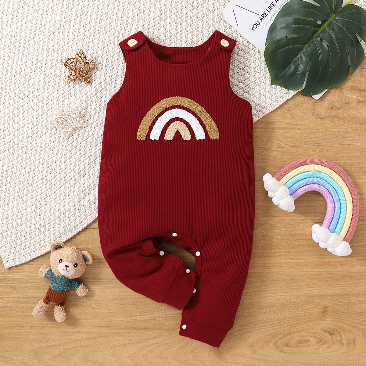 Baby Boy/Girl Rainbow Embroidered Waffle Tank Jumpsuit