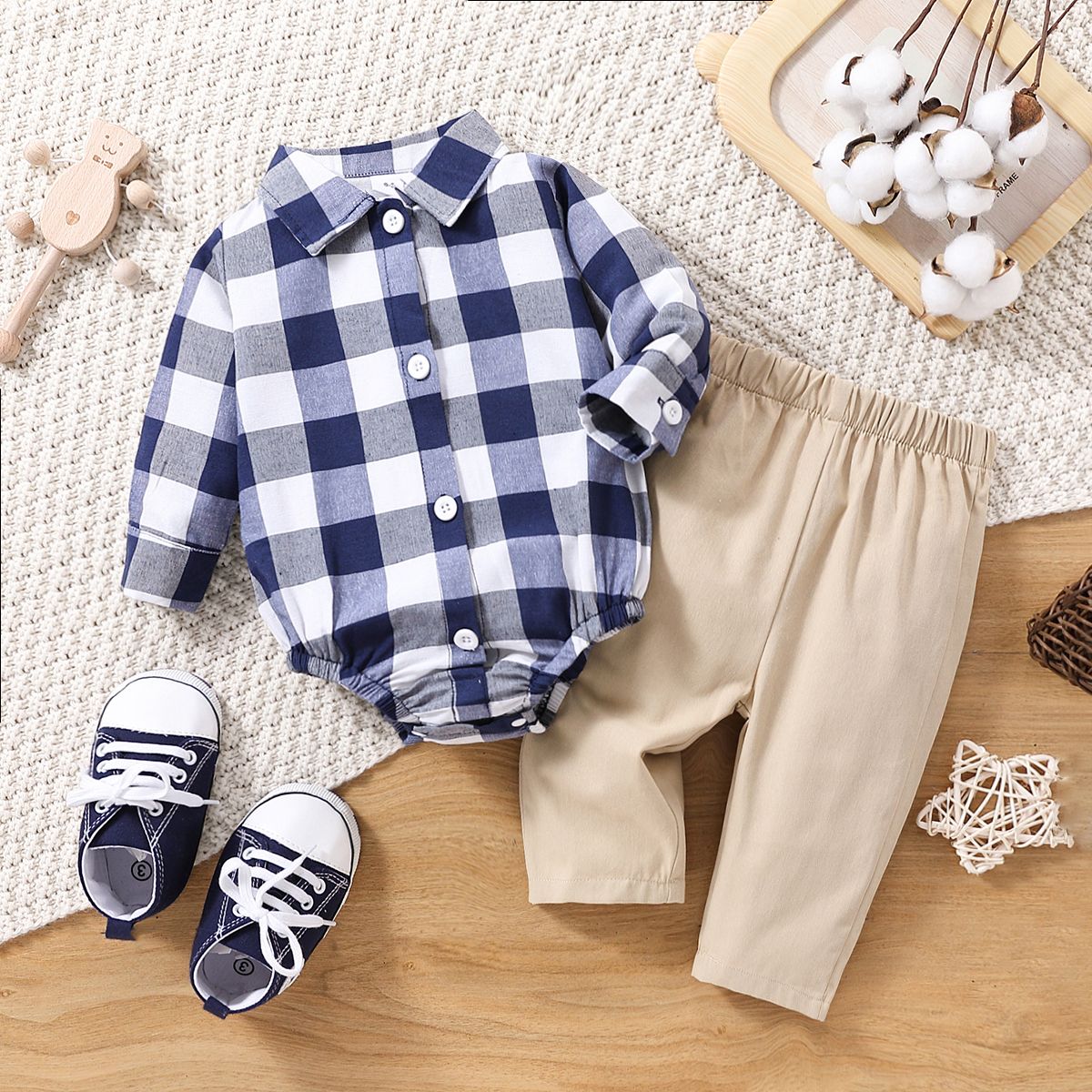 

2pcs Baby Boy 100% Cotton Pants and Long-sleeve Button Up Plaid Shirt Romper Set