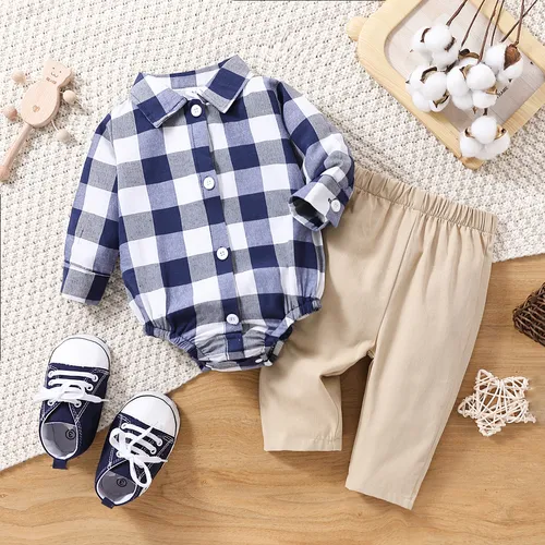 2pcs Baby Boy 100% Cotton Pants and Long-sleeve Button Up Plaid Shirt Romper Set