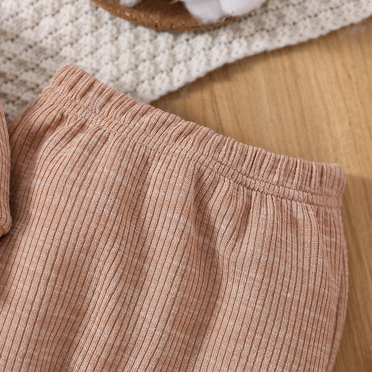 2pcs Baby Boy/Girl Long-sleeve Solid Rib Knit Pullover and Pants Set Khaki big image 1