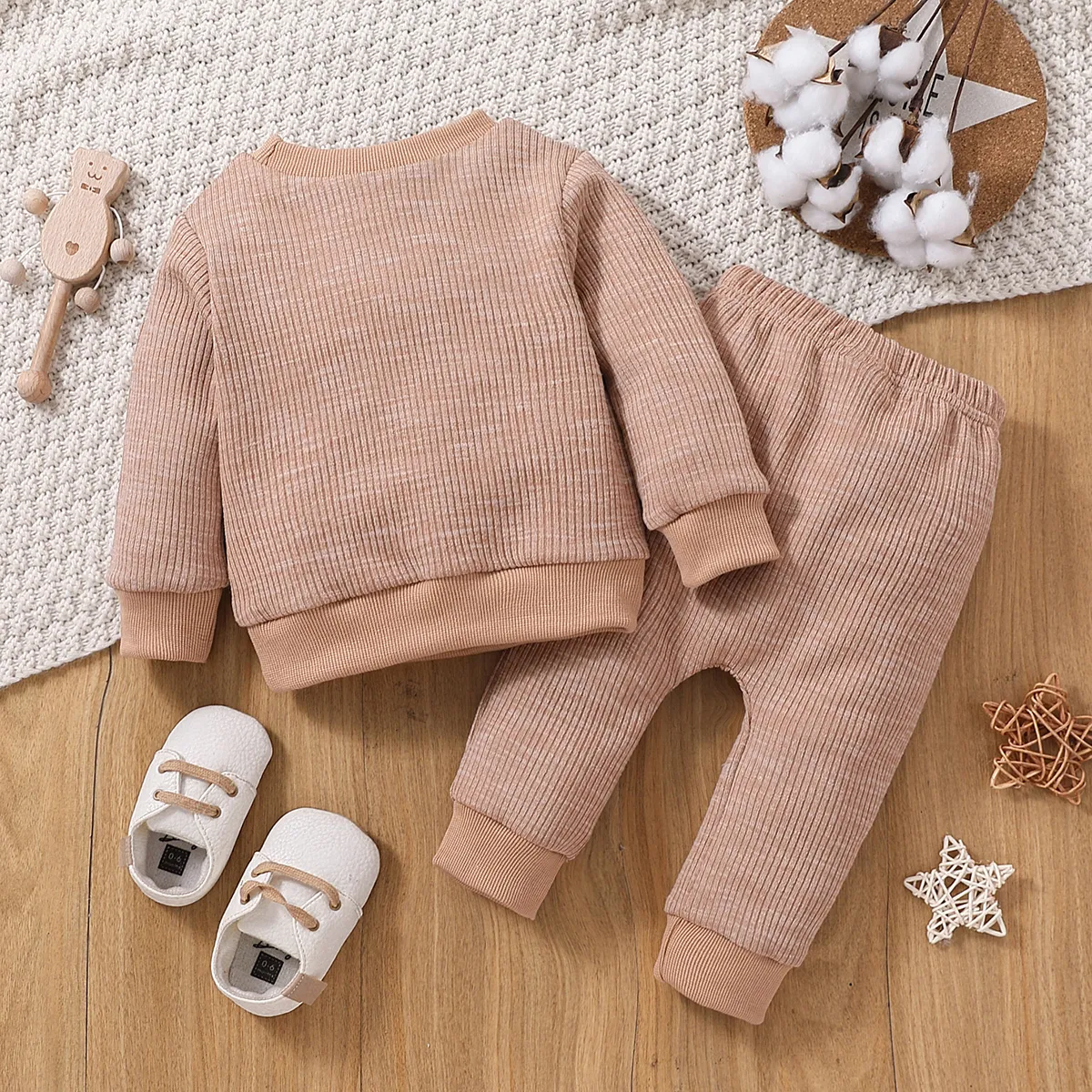2pcs Baby Boy/Girl Long-sleeve Solid Rib Knit Pullover and Pants Set Khaki big image 1