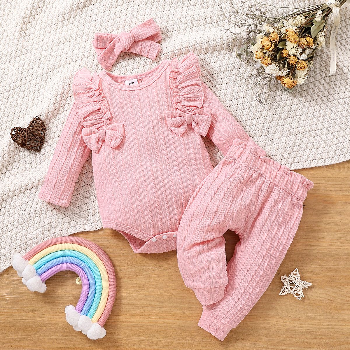 

3pcs Baby Girl Pink Textured Ruffle Trim Bow Front Long-sleeve Romper and Pants with Headband Set