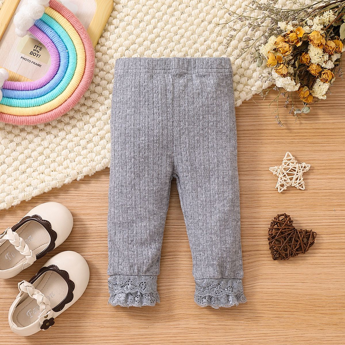 

Baby Girl Solid Lace Spliced Rib Knit High Waist Leggings