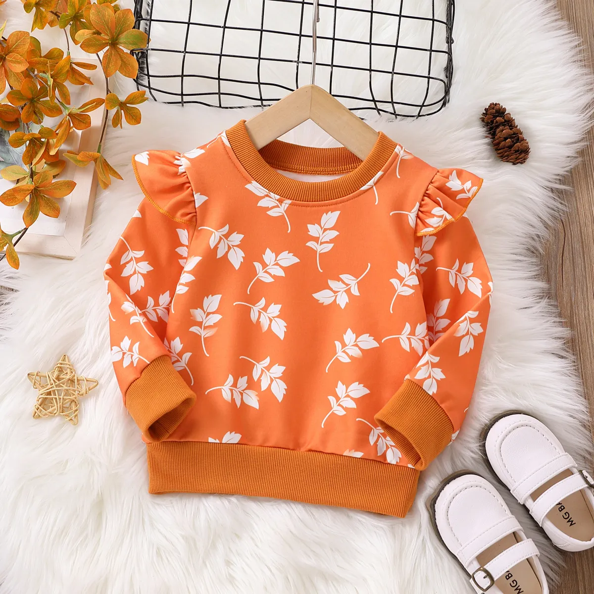 Baby Girl Allover Floral Print Ruffle Long-sleeve Sweatshirt Brown- big image 1