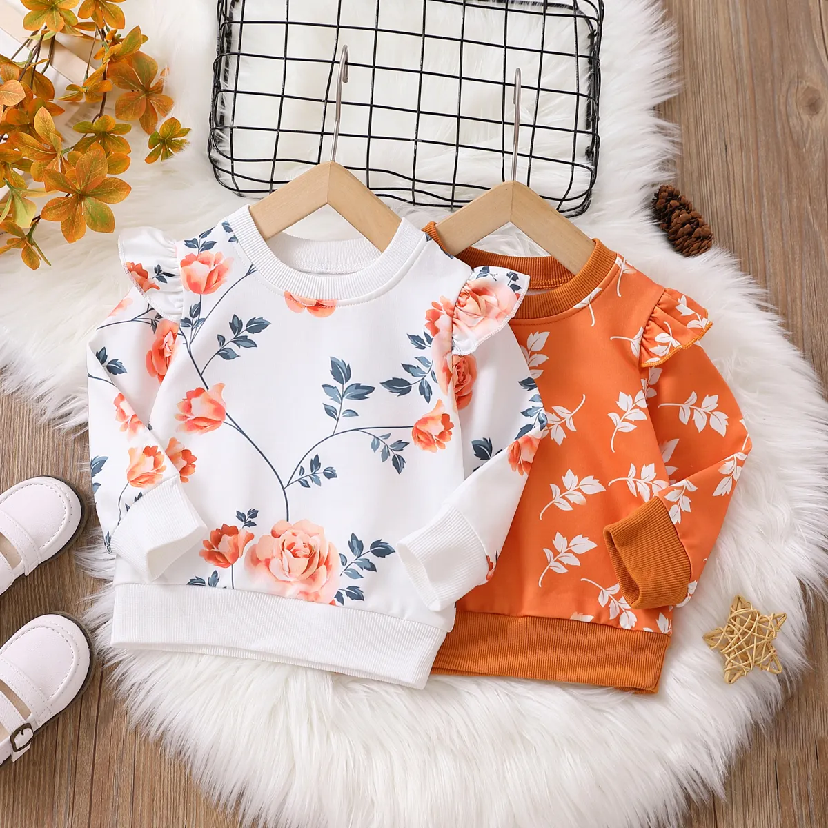 Baby Girl Allover Floral Print Ruffle Long-sleeve Sweatshirt White big image 1