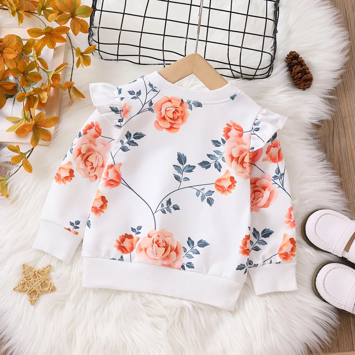 Baby Girl Allover Floral Print Ruffle Long-sleeve Sweatshirt White big image 1