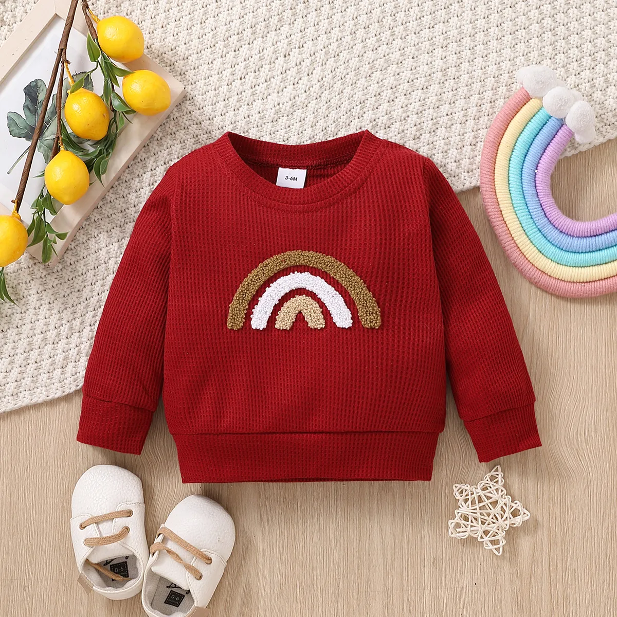 Baby Boy/Girl Rainbow Pattern Waffle Long-sleeve Pullover Sweatshirt Burgundy big image 1