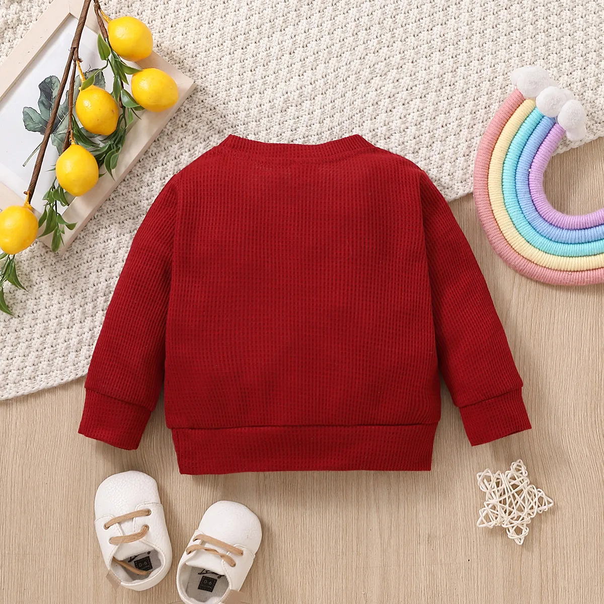 Baby Boy/Girl Rainbow Pattern Waffle Long-sleeve Pullover Sweatshirt Burgundy big image 1