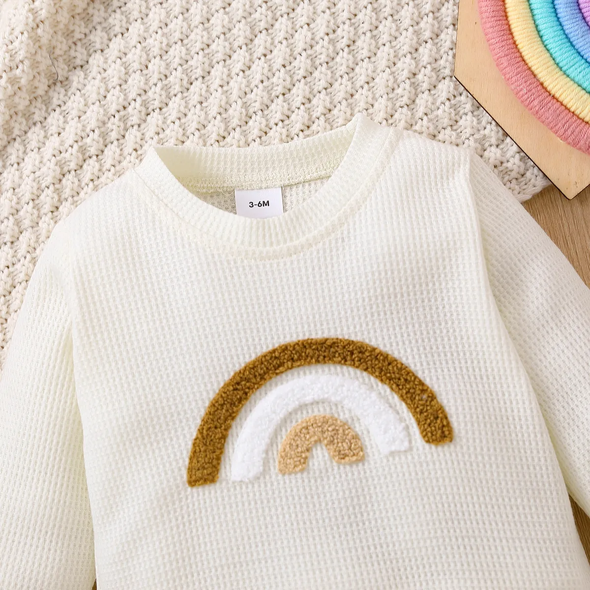 Baby Boy/Girl Rainbow Pattern Waffle Long-sleeve Pullover Sweatshirt White big image 1
