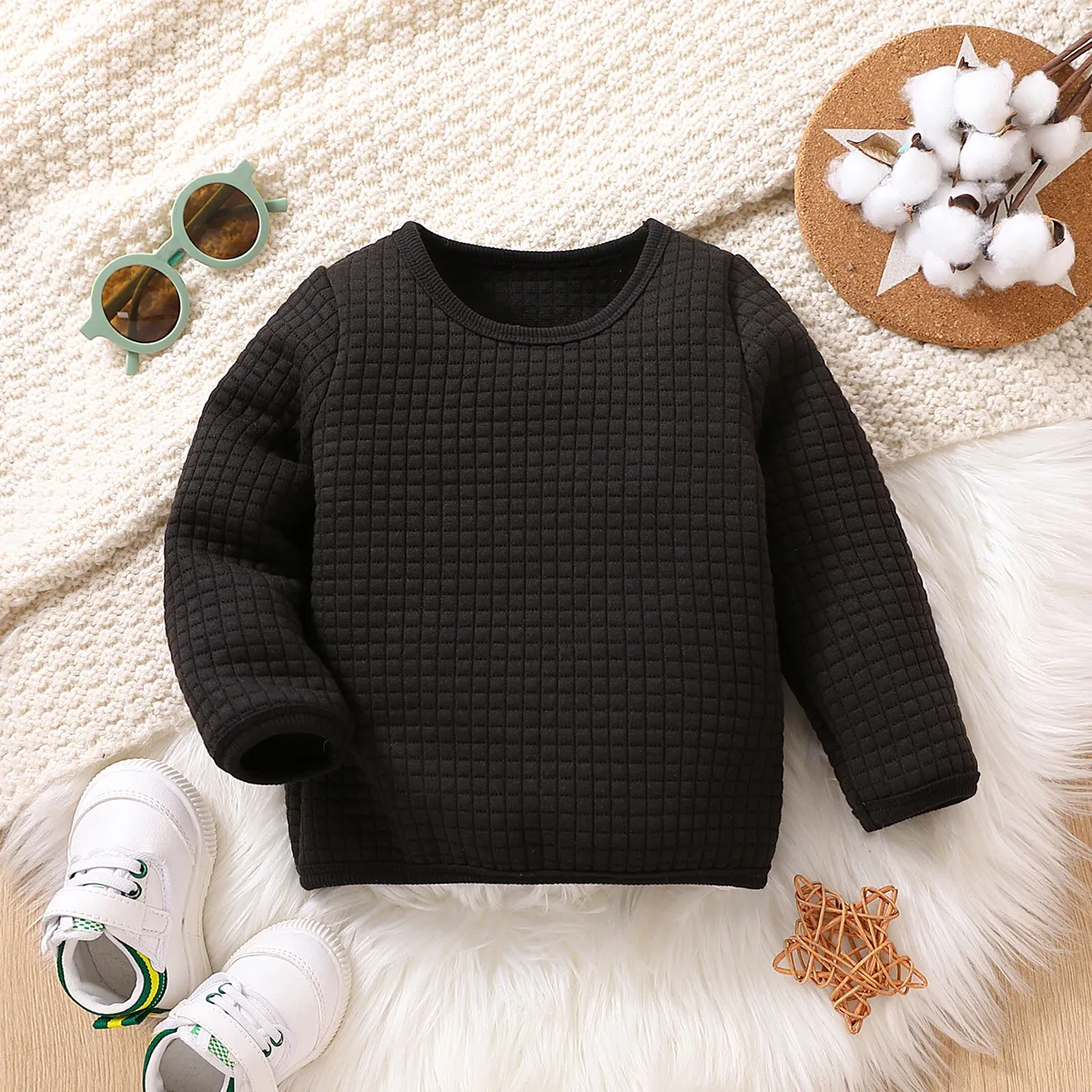 Baby Boy/Girl Solid Waffle Textured Long-sleeve Pullover Sweatshirt