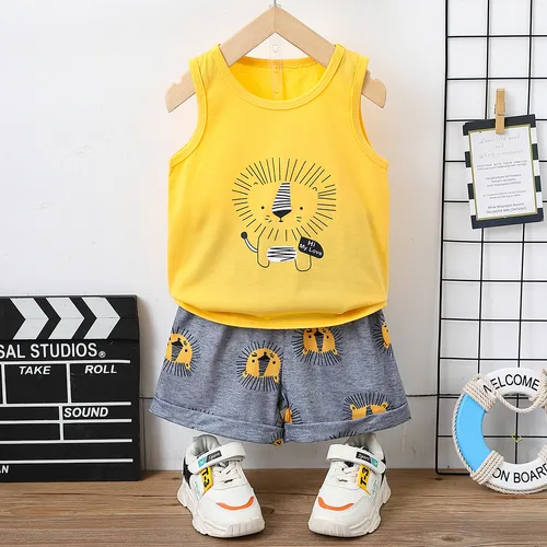 2pcs Toddler Boy Playful Lion Print Tank Top and Shorts Set