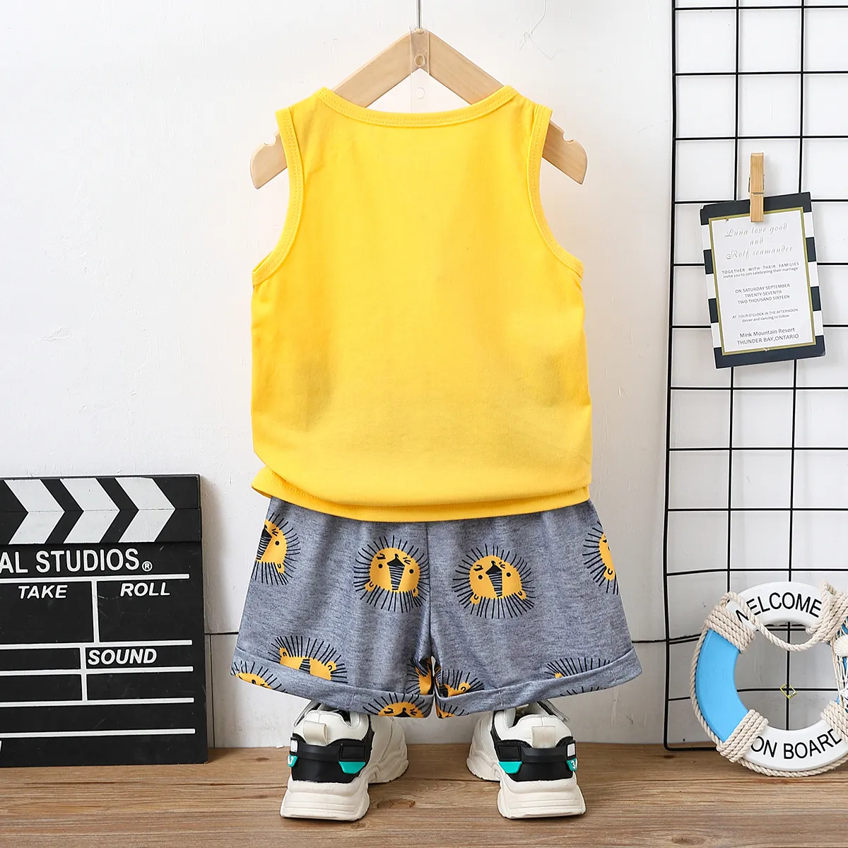 2pcs Toddler Boy Playful Lion Print Tank Top and Shorts Set Yellow big image 1