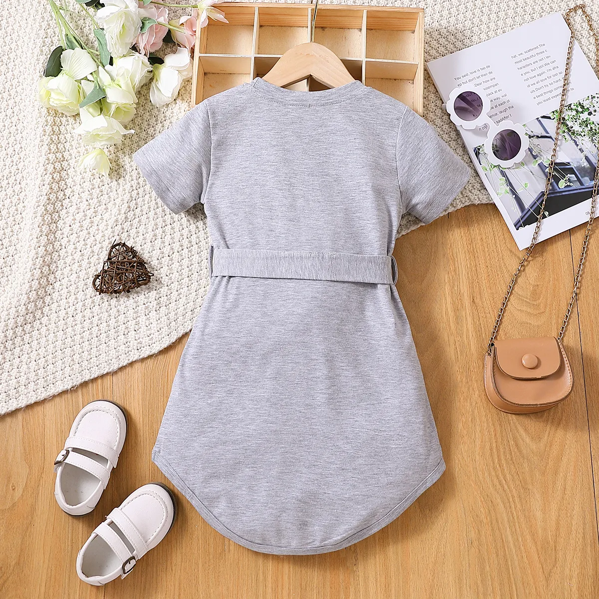 Toddler Girl Basic Solid Belted Short-sleeve Dress Grey big image 1