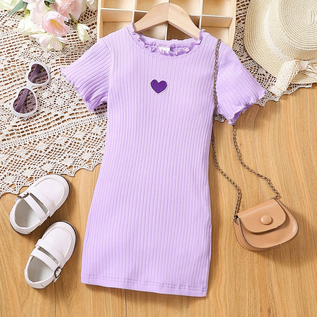 

Toddler Girl 100% Cotton Heart Graphic Short-sleeve Ribbed Dress