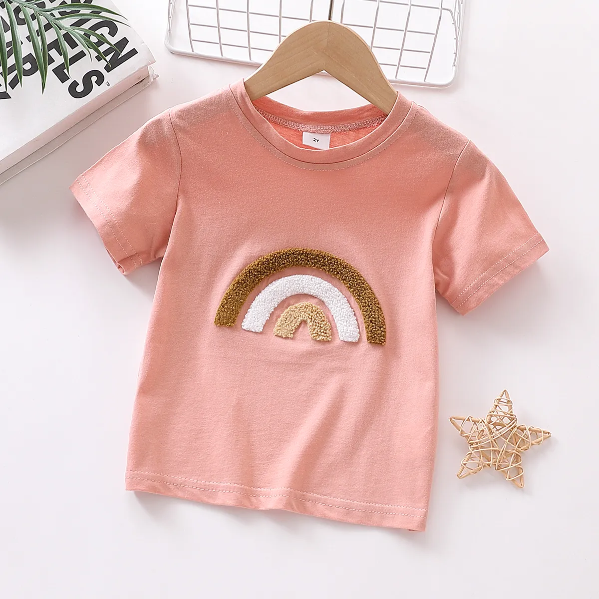 Toddler Girl 100% Cotton Rainbow Embroidered Short-sleeve Tee Pink big image 1