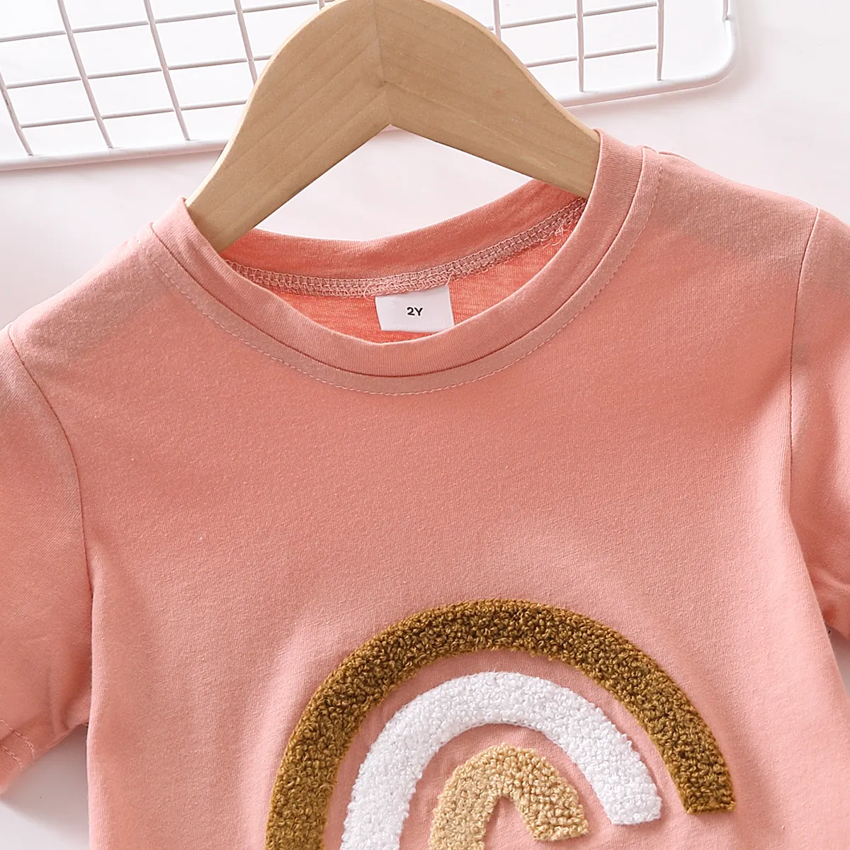 Toddler Girl 100% Cotton Rainbow Embroidered Short-sleeve Tee Pink image 2