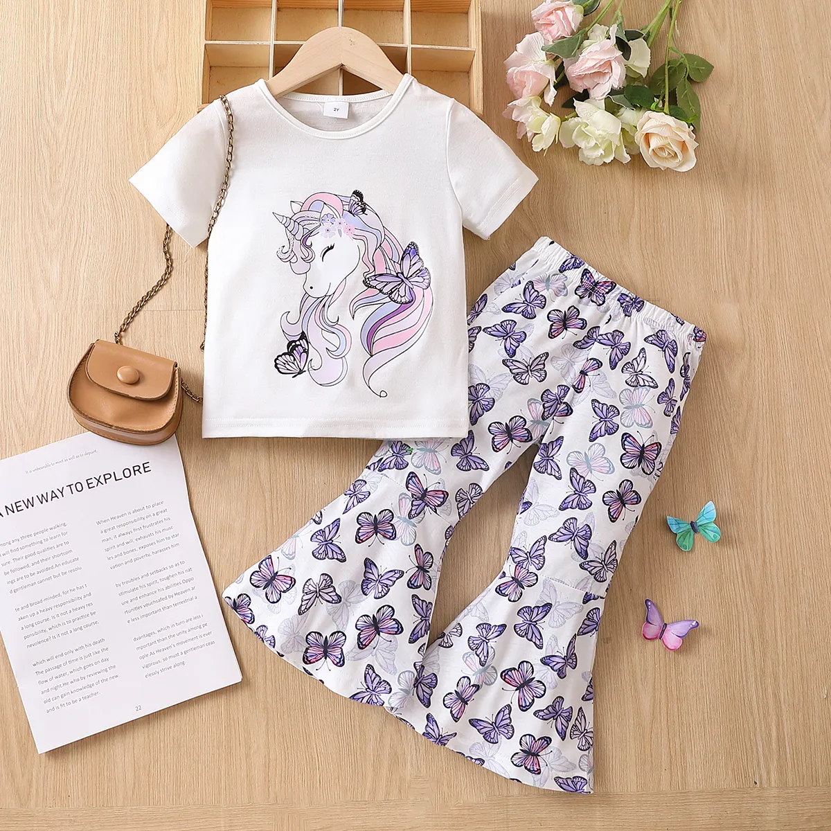 2pcs Toddler Girl Unicorn Print Short-sleeve Tee and Allover Butterfly Print Flared Pants Set