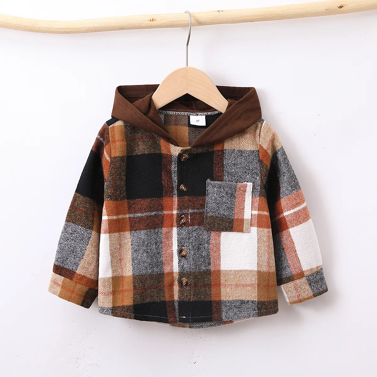 Toddler Boy/Girl Plaid Patch Pocket Button Front Hoodie Brown big image 1