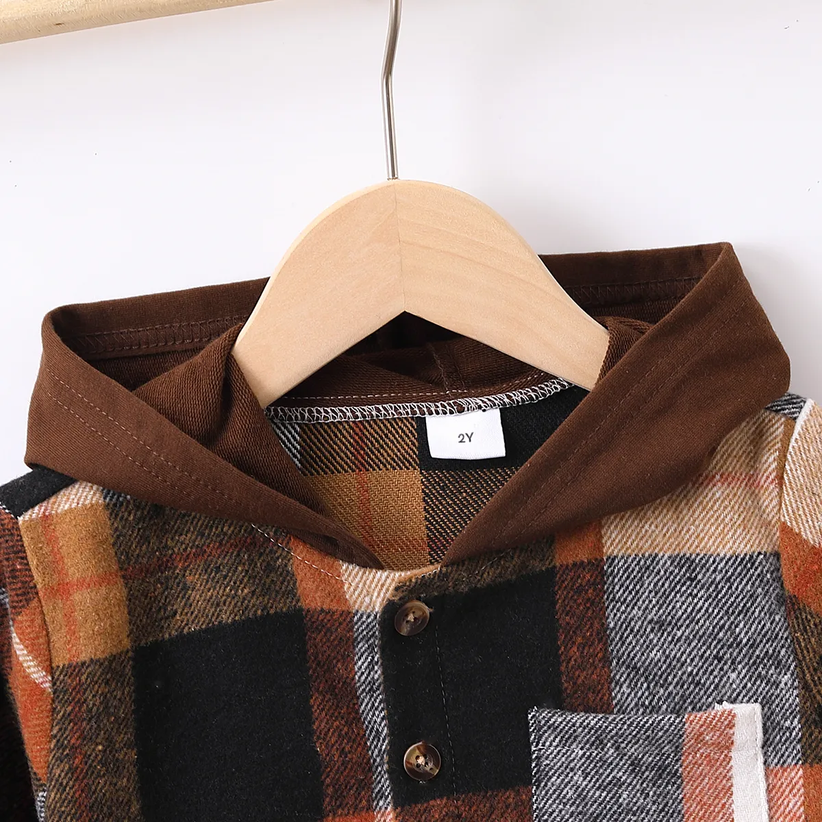 Toddler Boy/Girl Plaid Patch Pocket Button Front Hoodie Brown big image 1