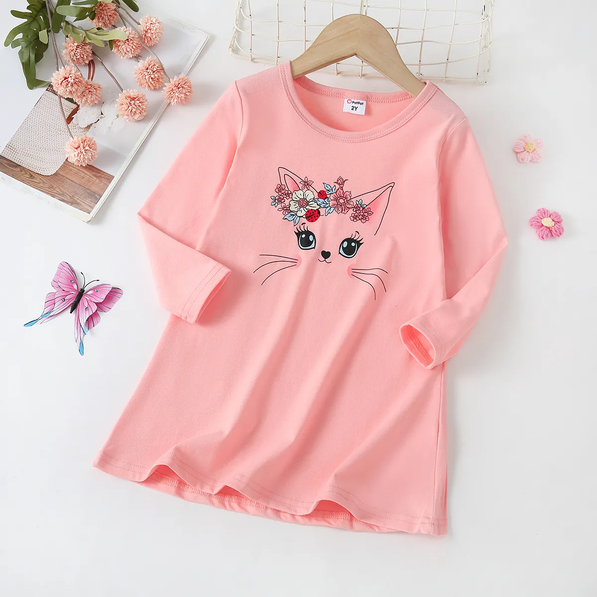 Toddler Girl Cat Print Long-sleeve Dress