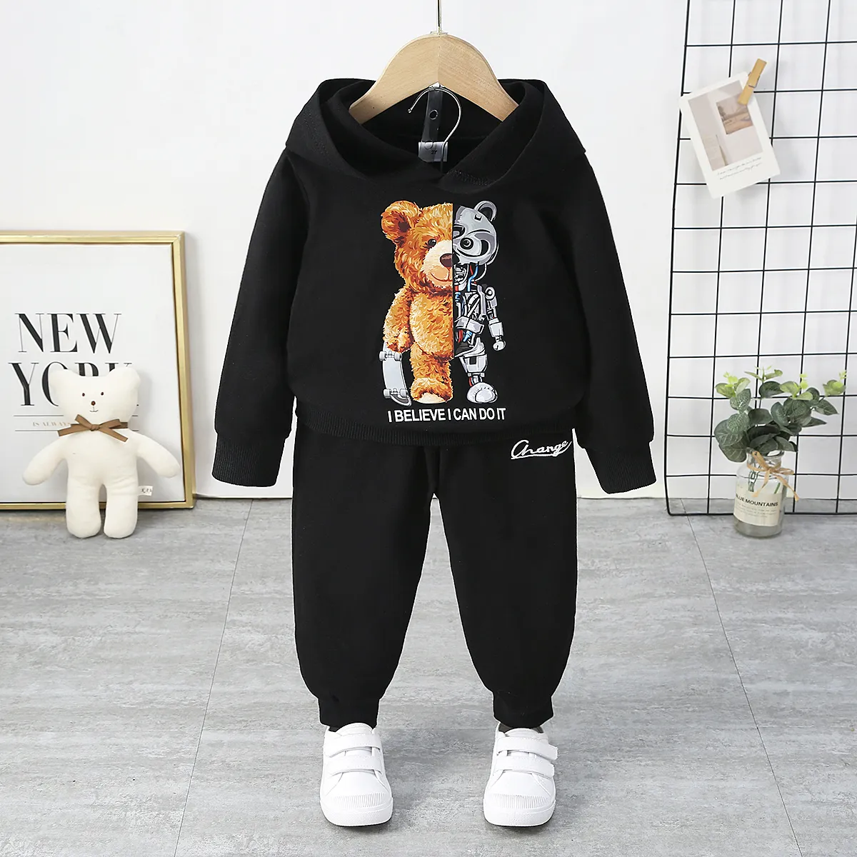 2pcs Toddler Boy Animal Pattern Hooded Set Black image 6