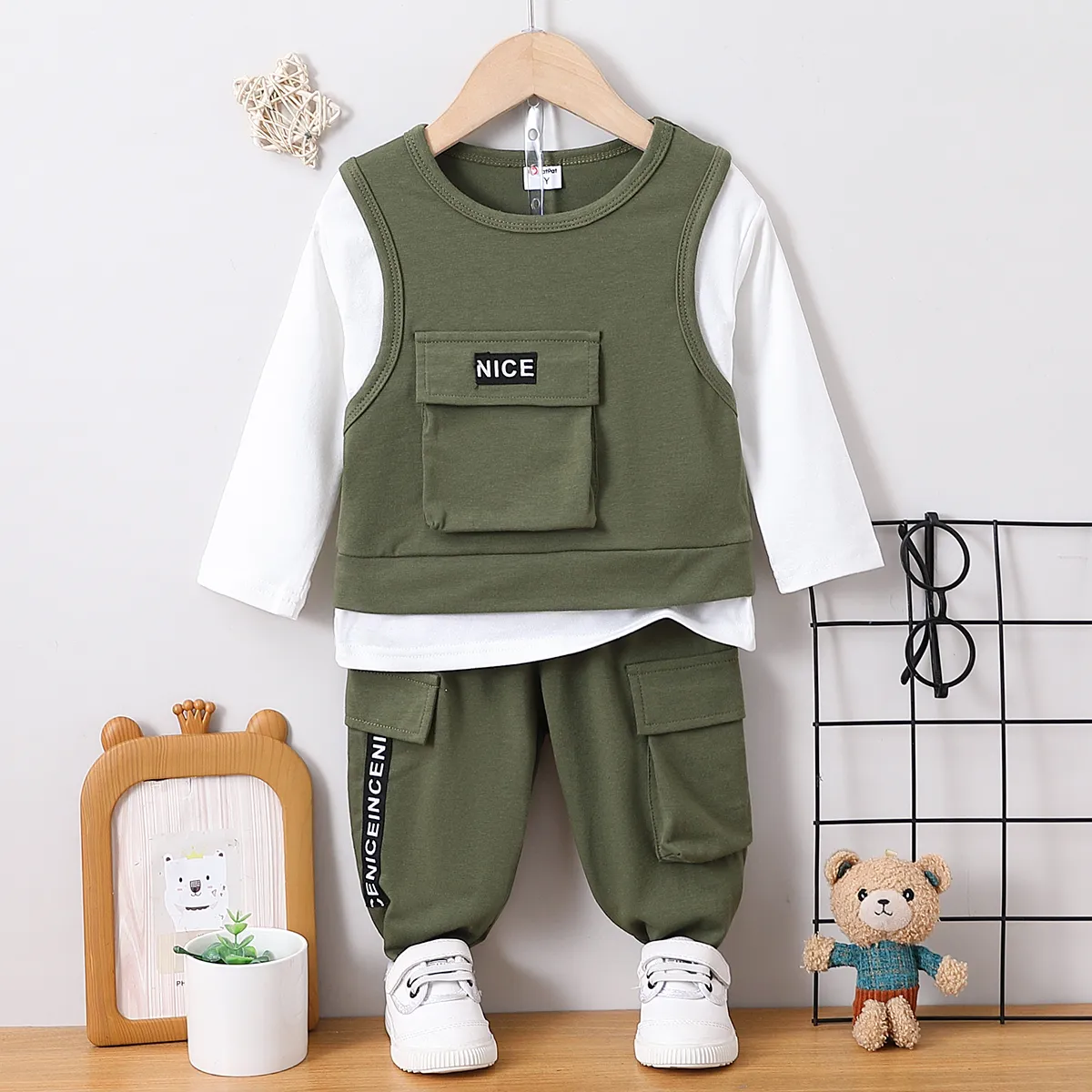 2pcs Toddler Boy Trendy Solid Color Avant-garde Set Army green big image 1