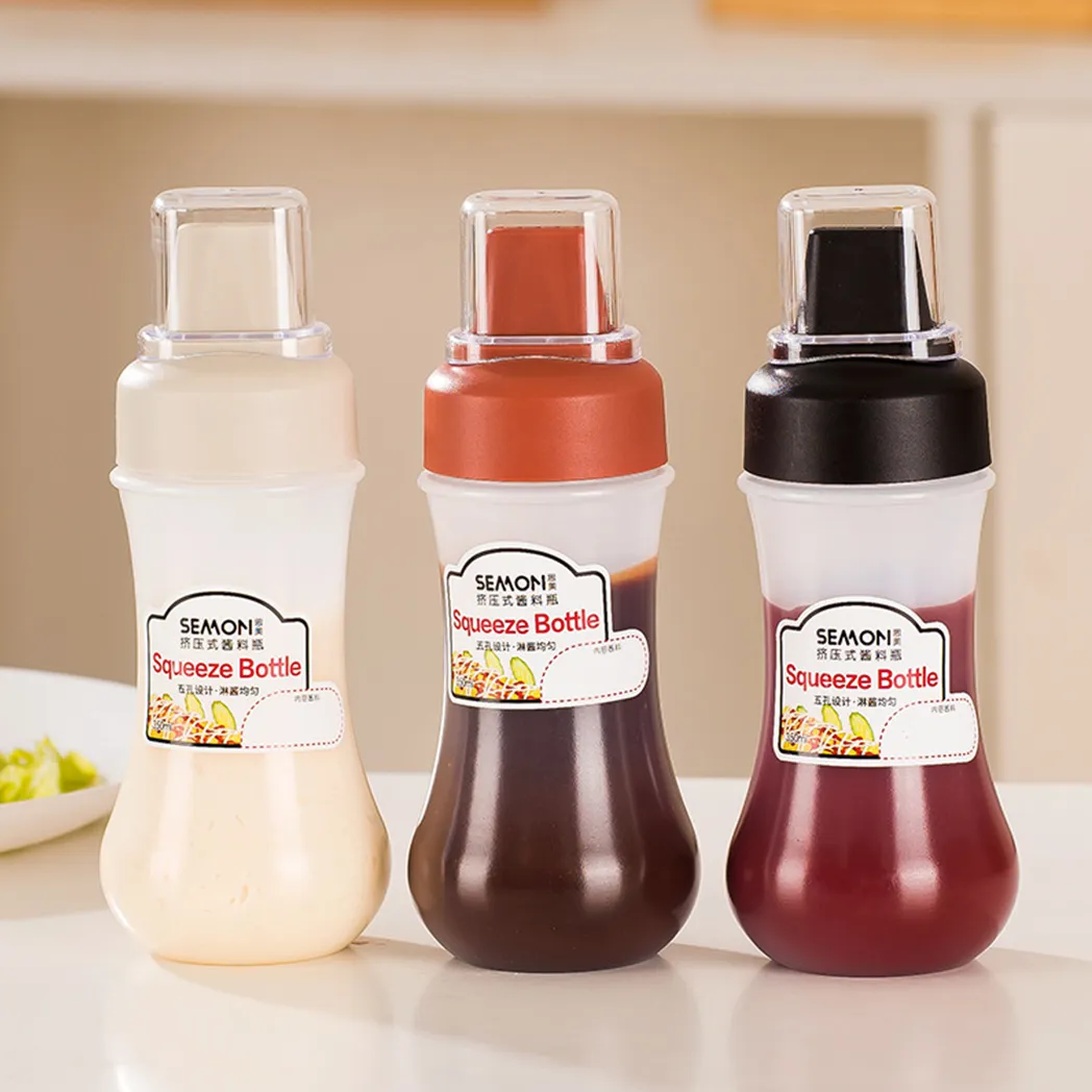 5-Loch-Sauce-Squeeze-Flasche poröser Kunststoff-Gewürzbehälter Squeeze-Flaschen für Ketchup-Marmelade-Salat-Dressings BBQ-Sauce Beige big image 1