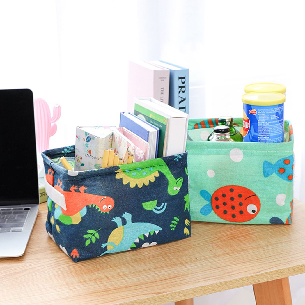 

Cartoon Print Foldable Storage Basket with Handle Waterproof Cotton Linen Storage Bins for Books Toys Clothes