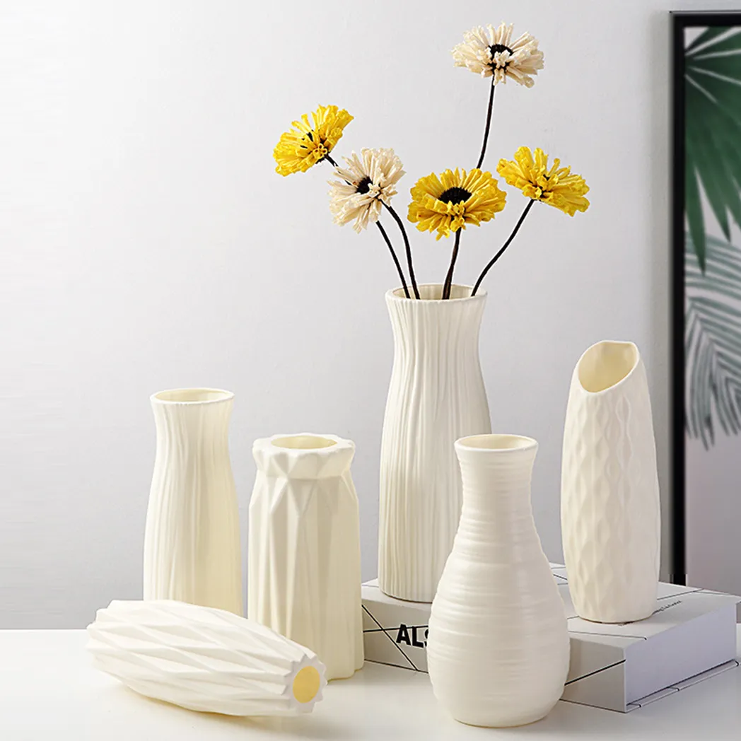 陶瓷外觀白色塑料花瓶幾何風格牢不可破的裝飾花瓶用於花卉家庭辦公室桌子裝飾