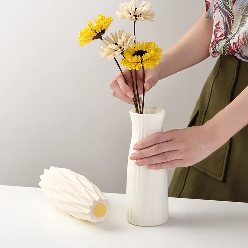 Ceramic Look White Plastic Flower Vase Geometric Style Unbreakable Decor Vase for Flower Home Office Table Decor big image 3
