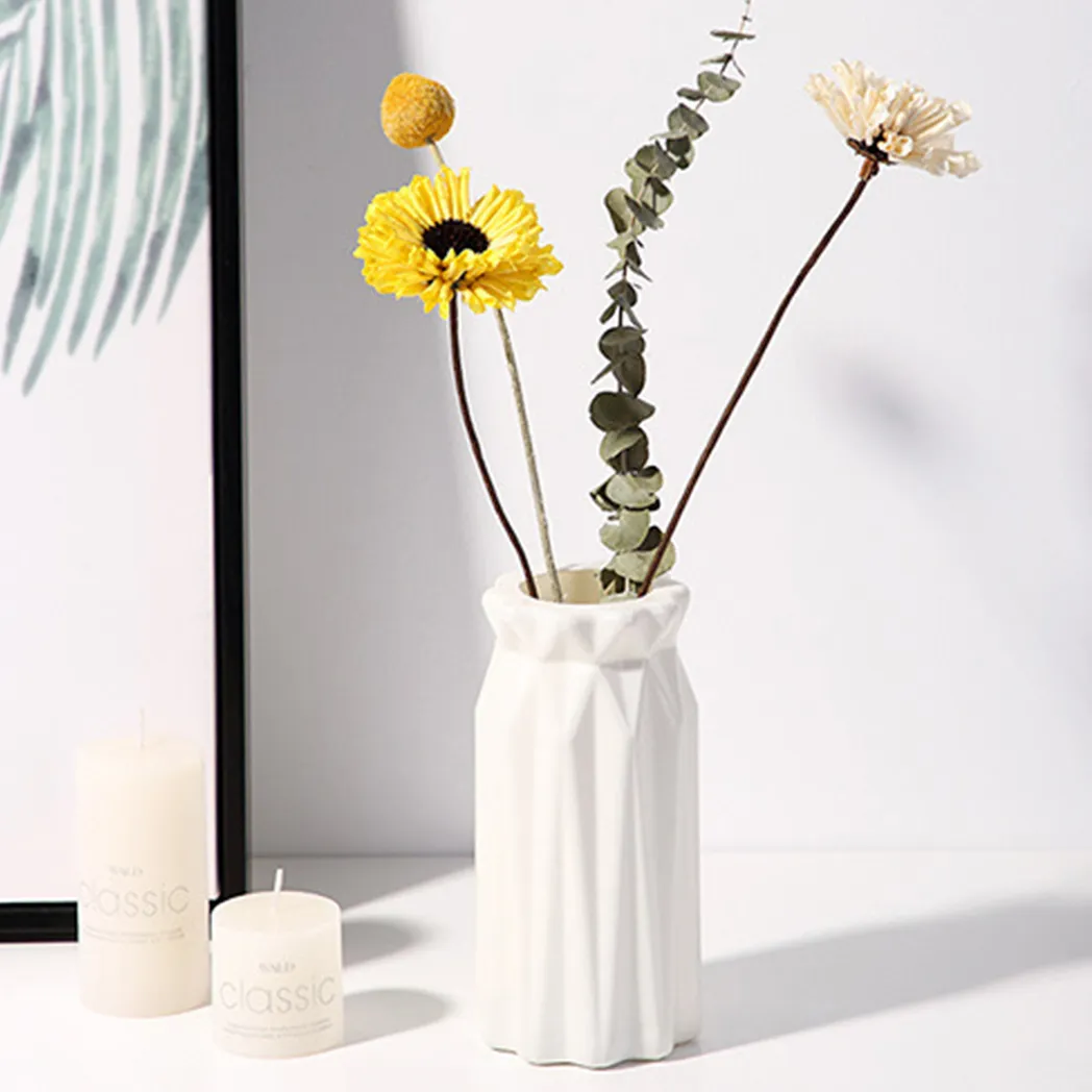 السيراميك نظرة بيضاء البلاستيك زهرة زهرية نمط هندسي غير قابل للكسر ديكور إناء لزهرة ديكور طاولة مكتب المنزل أبيض big image 1