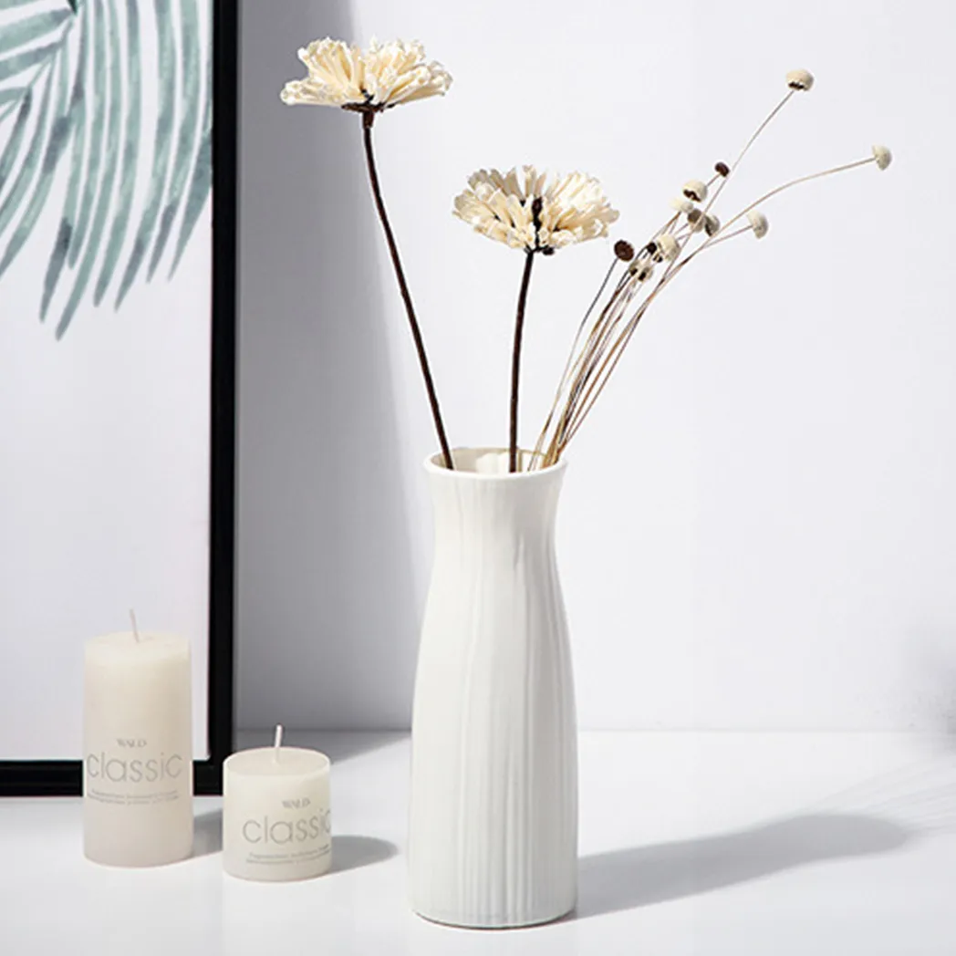 vaso de flores de plástico branco aparência de cerâmica vaso de decoração inquebrável de estilo geométrico para decoração de mesa de escritório em casa de flores Branco big image 1