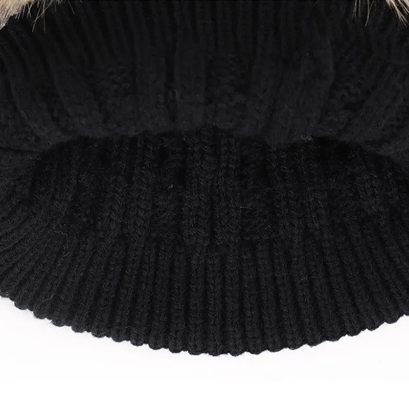 enfant en bas âge / enfant double pompon décor bonnet tricoté de couleur unie Noir big image 1