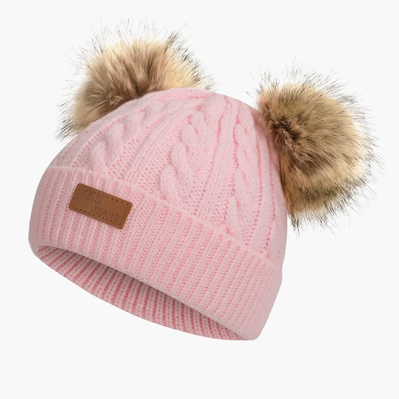 Toddler/ Kid Double Pompon Decor Solid Color Knitted Beanie Hat Pink big image 1