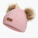 Toddler/ Kid Double Pompon Decor Solid Color Knitted Beanie Hat Pink