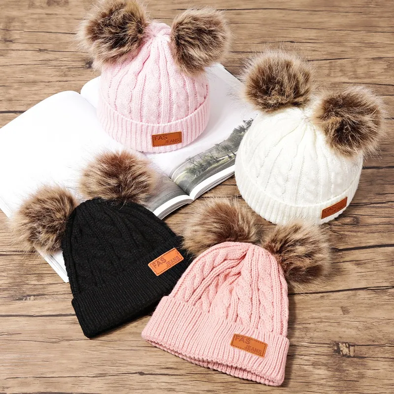 Toddler/ Kid Double Pompon Decor Solid Color Knitted Beanie Hat