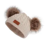 Toddler/ Kid Double Pompon Decor Solid Color Knitted Beanie Hat Beige