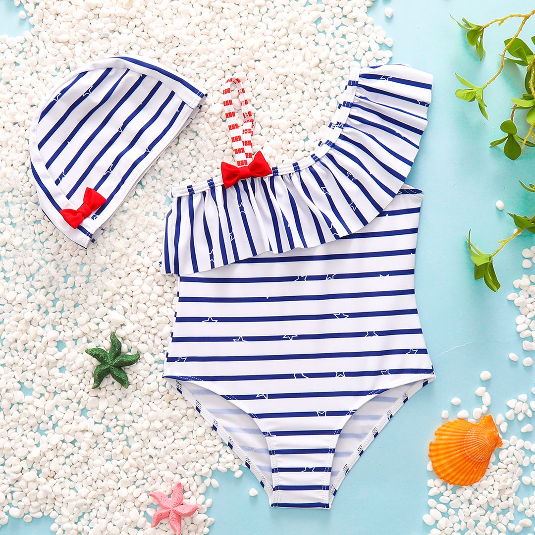 

2pcs Toddler Girl Sweet Stripe Flounce Sleeveless Onepiece Swimsuit and Cap Set