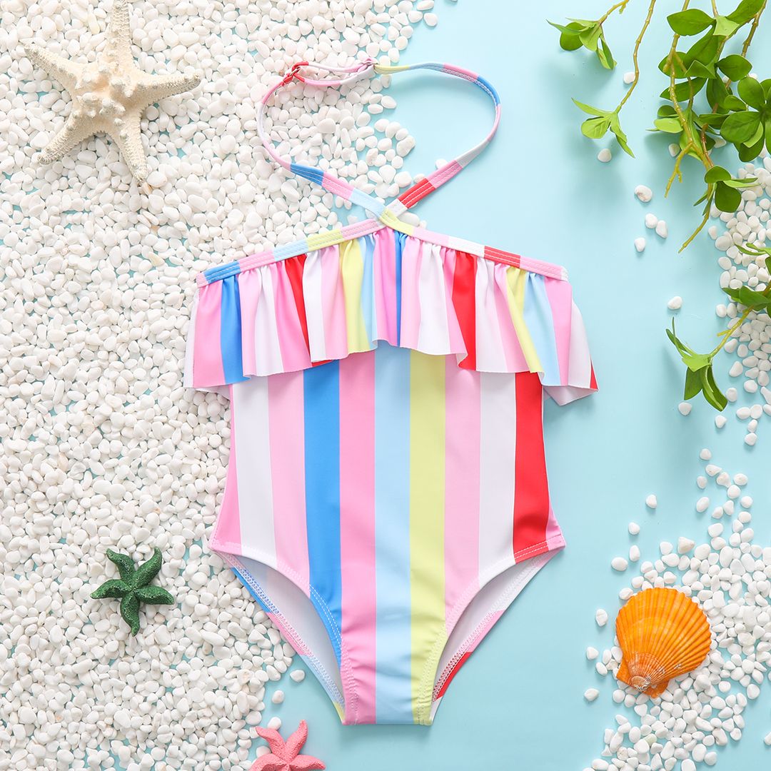 

Toddler Girl Sweet Stripe Flounce Onepiece Halter Swimsuit