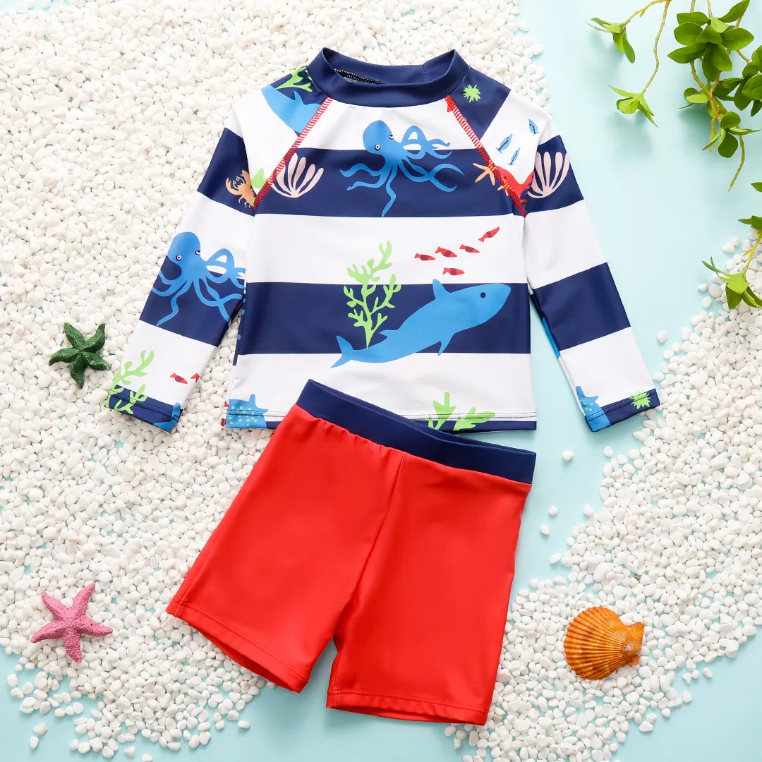 

2pcs Toddler Boy Playful Shark Print Striped Top and Trunks Swimsuit