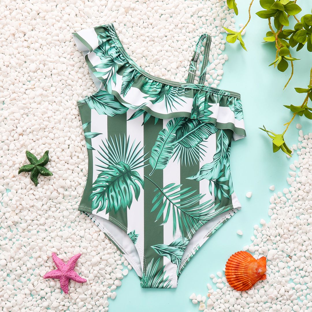 

Toddler Girl Trendy Plant Print Ruffled One Piece Swimsuit