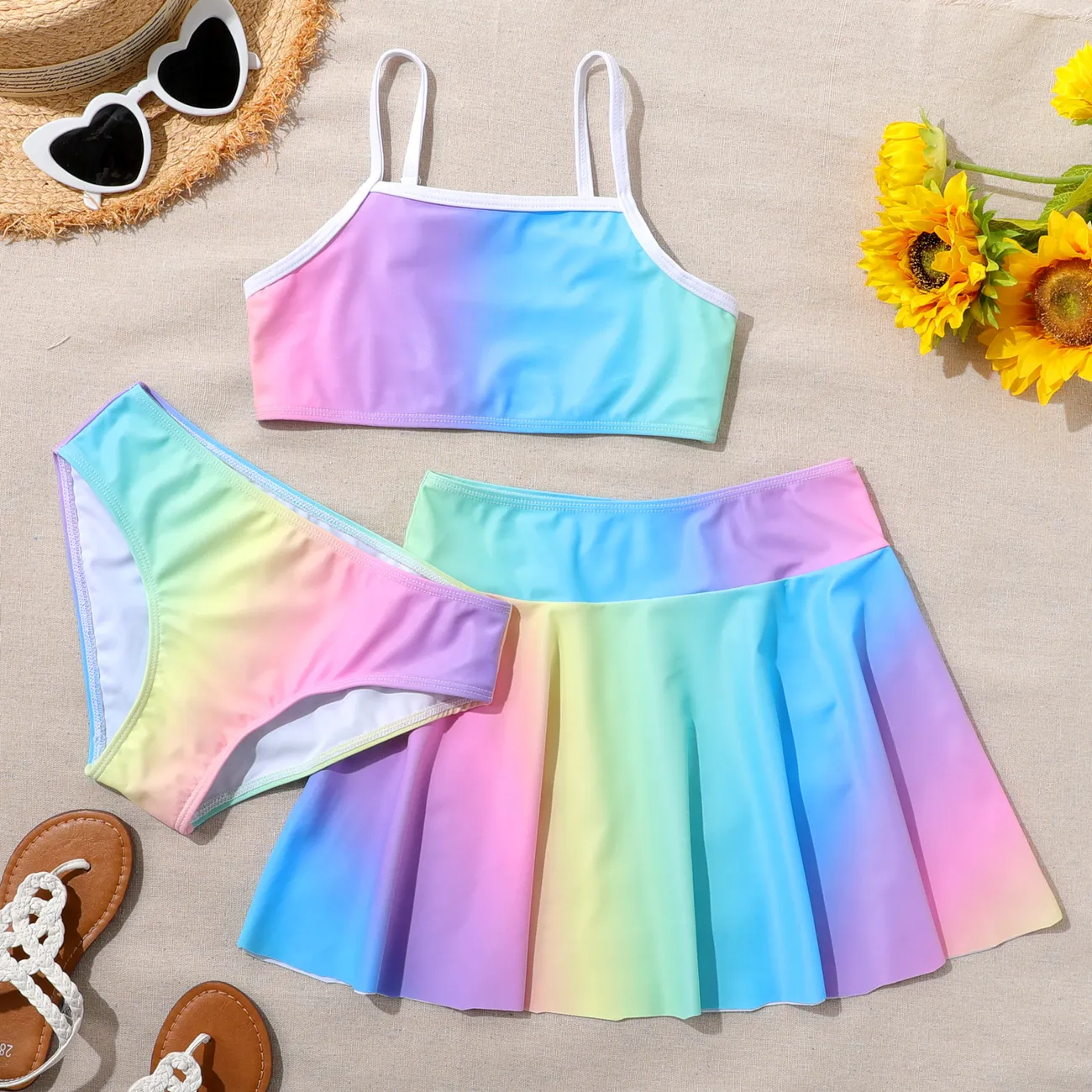3pcs Kid Girl Tie Dye Swimsuit Set Multi-color big image 1