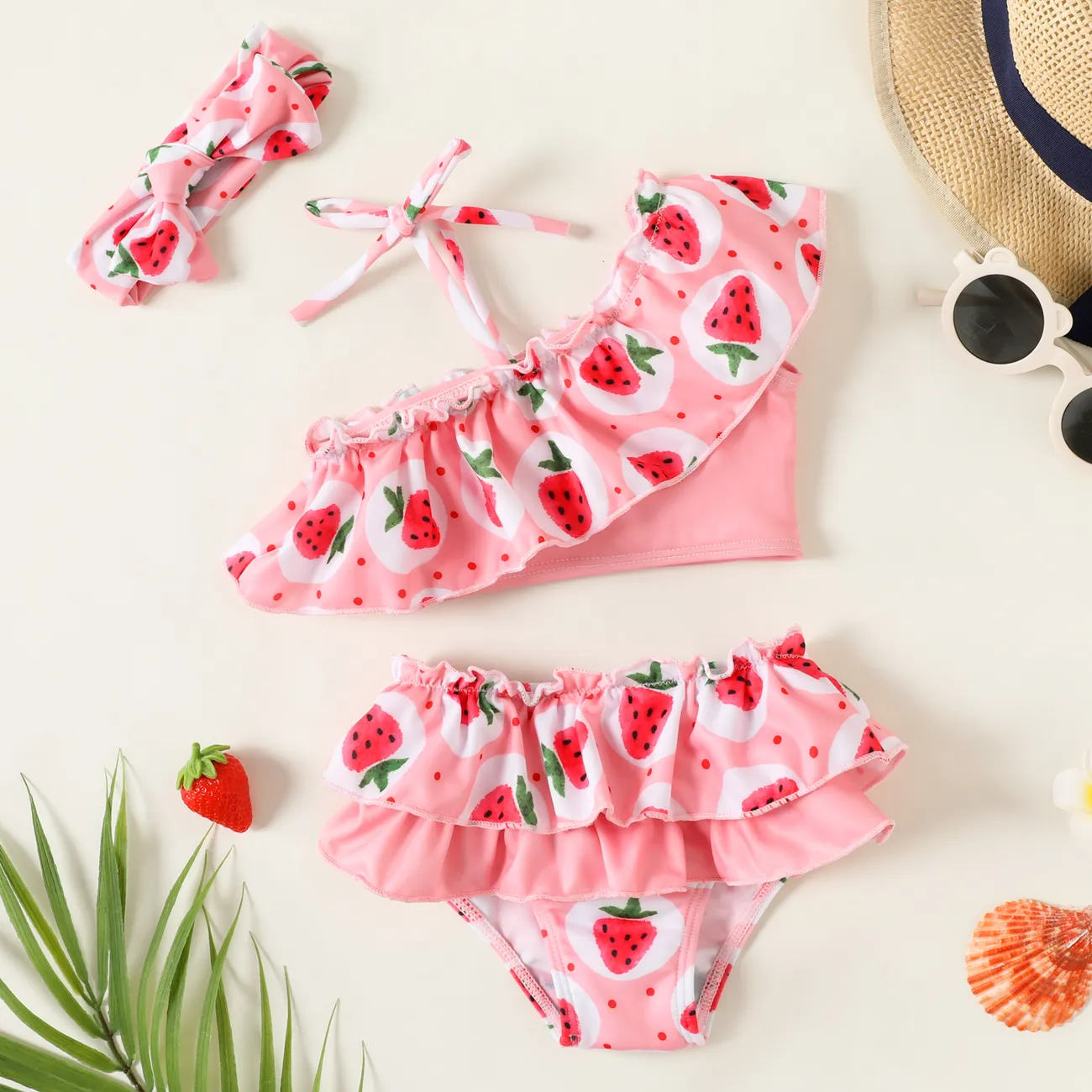 3pcs Baby Girl Watermelon Print Ruffle Trim Swimwear Set Light Pink big image 1