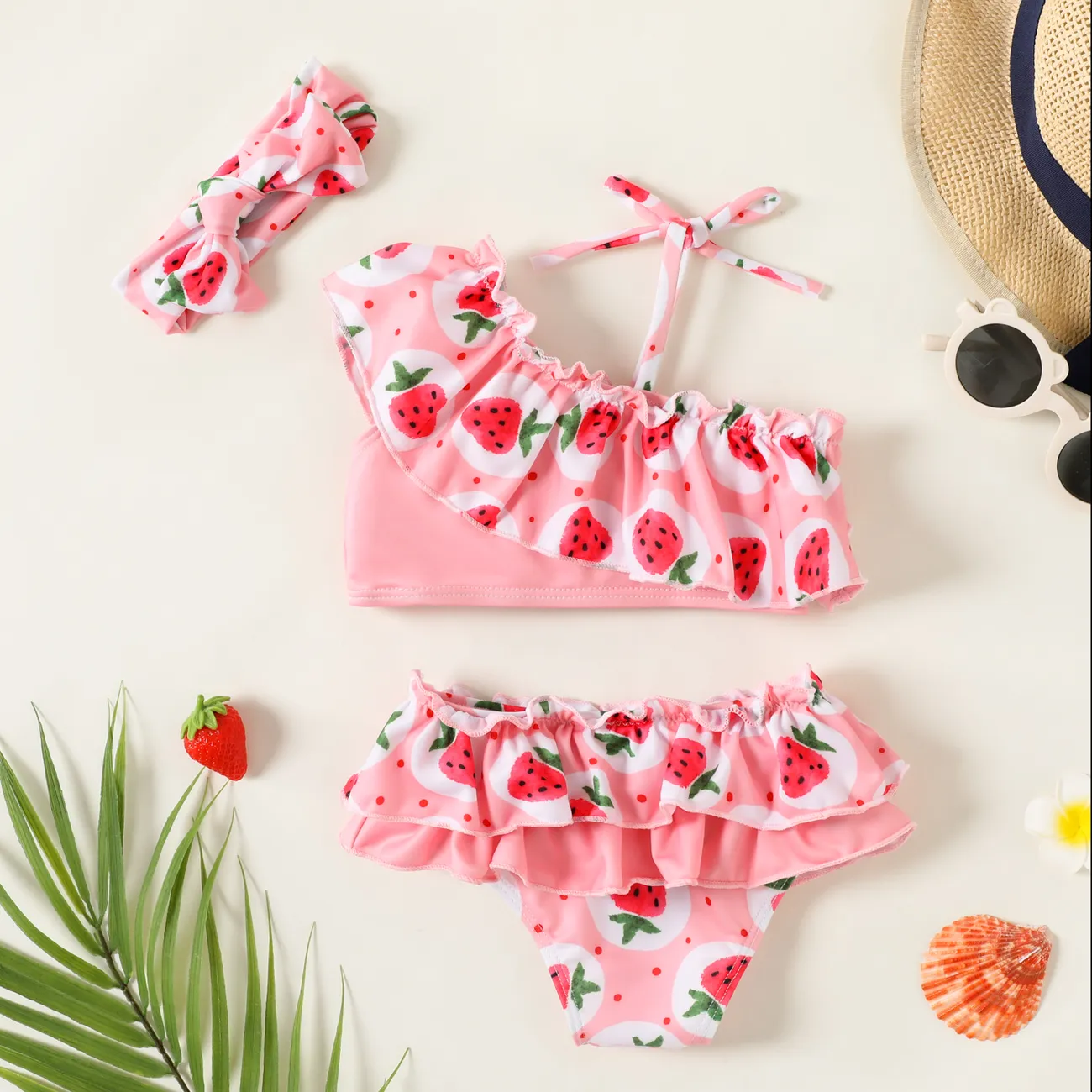 3pcs Baby Girl Watermelon Print Ruffle Trim Swimwear Set Light Pink big image 1