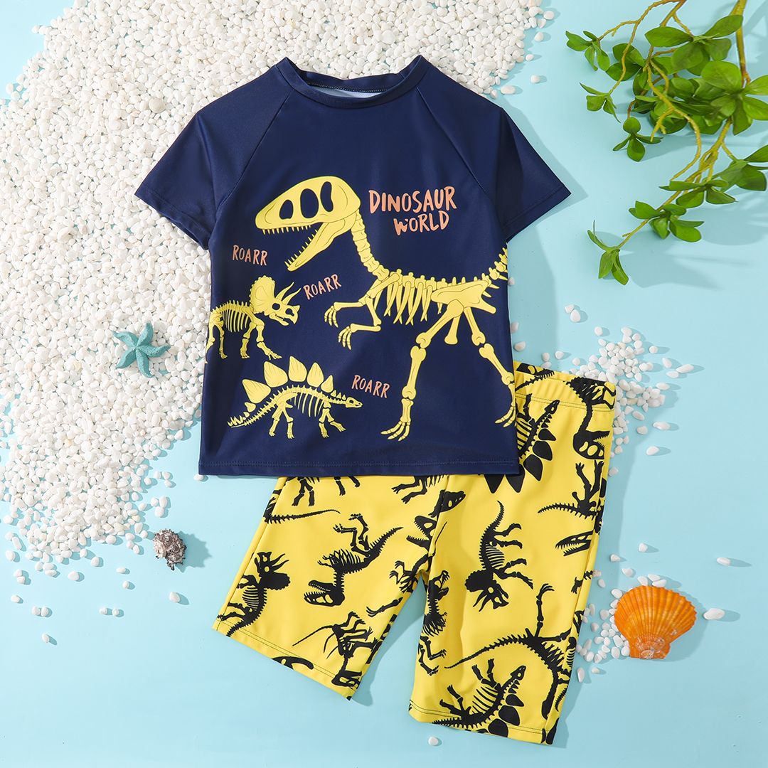 

2pcs Kid Boy Dinosaur Print Top and Trunks Swimsuit