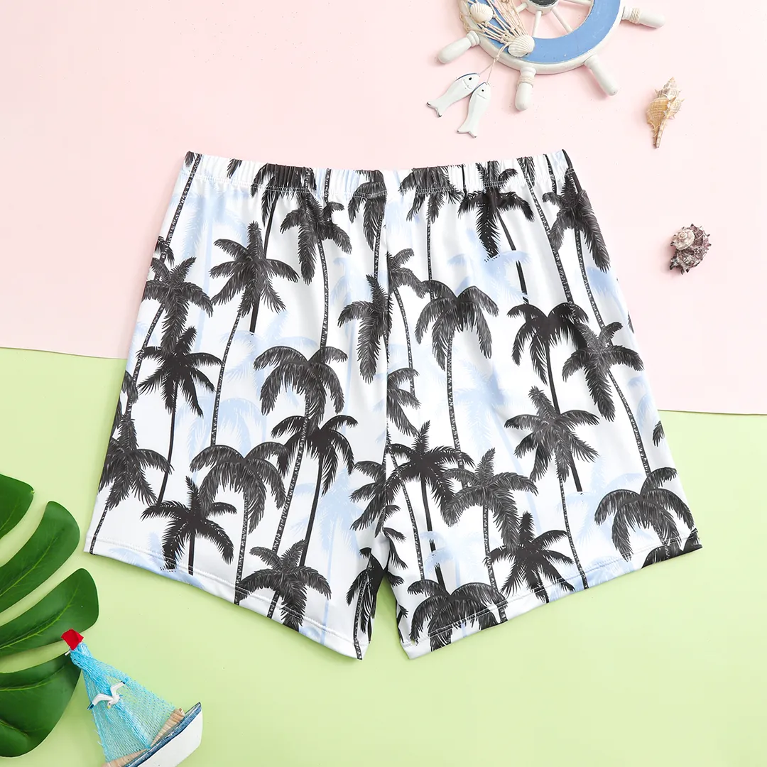 Kid Boy Allover Coconut Tree Print Swim Trunks Shorts Black image 2