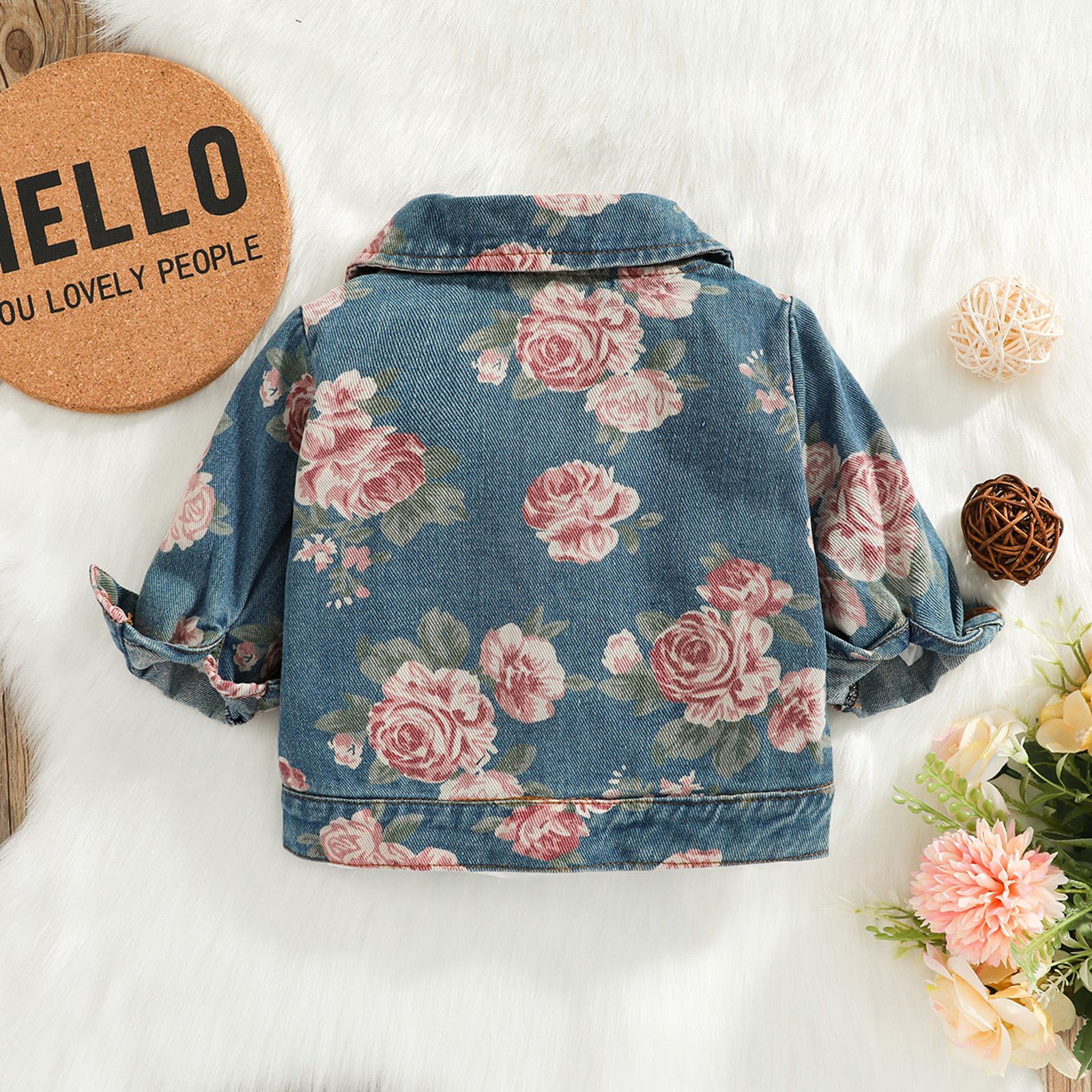

100% Cotton Baby All Over Floral Print Lapel Long-sleeve Zip Denim Jacket
