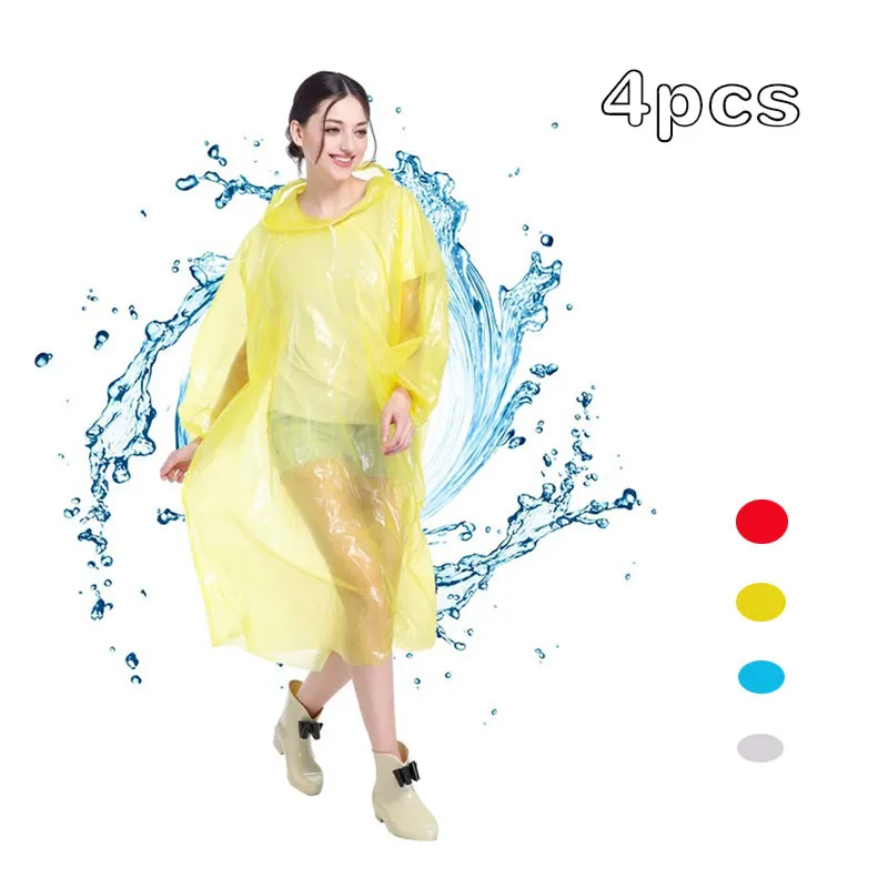 4-pack Disposable Rain Ponchos Adults Multicolor Waterproof Raincoat with Hood for Camping Hiking Traveling Sport Outdoor Multi-color big image 1
