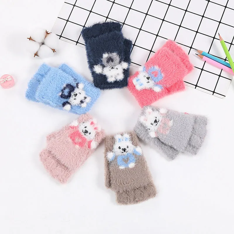 guantes de lana de felpa con gráfico de conejito para niños pequeños, manoplas convertibles, manopla sin dedos Rosado big image 1