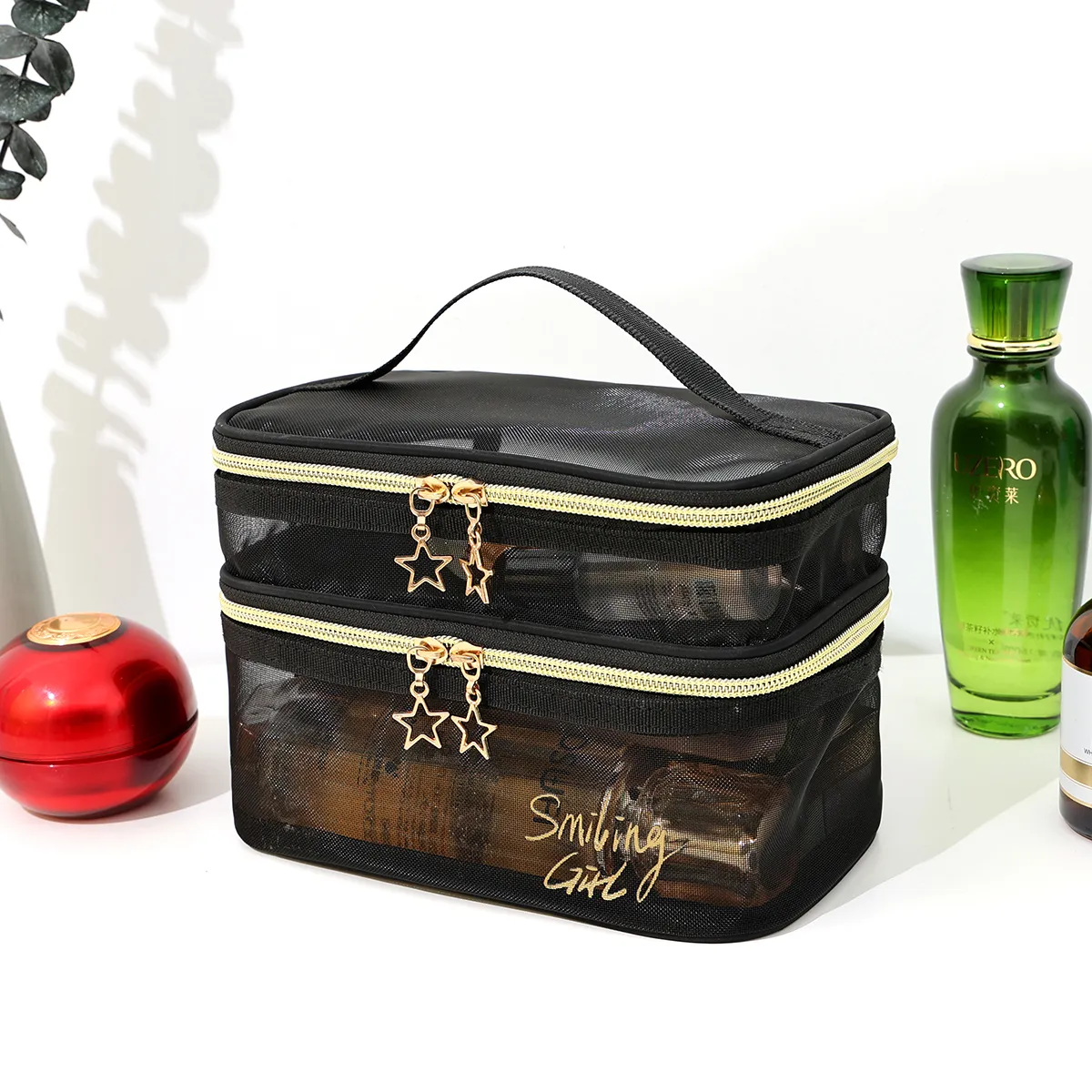 Double Layer Travel Makeup Bag Letter Graphic Portable Large Capacity Mesh Cosmetic Bag  image 2
